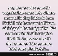 Textmem med humoristisk anekdot om en vegetarisk vän som förväxlar lövbiff med löv från träd.