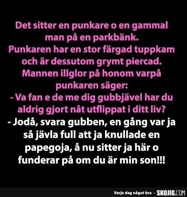 Textmeme med en dialog mellan en punkare och en äldre man om våghalsiga handlingar och en oväntad familjekoppling.