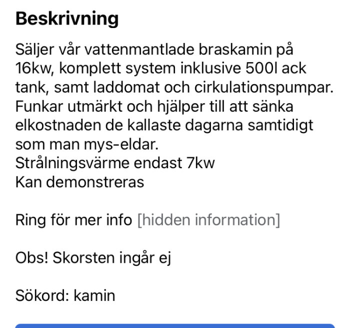 Skärmdump av annons för en vattenmantlad braskamin med beskriving av system och strålningsvärme.