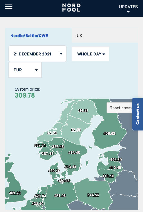 Grafisk översikt av elpriser i olika regioner i Norden och Baltikum med specifika prisvärden i EUR från Nord Pool den 21 december 2021.