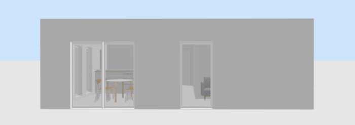 3D-skiss av husets fasad med öppna terrassdörrar och inredd interiör sedd från utsidan.