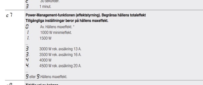 Svartvit bild av ett dokument som beskriver effektstyrning för en spishäll med olika inställningar beroende på säkring.