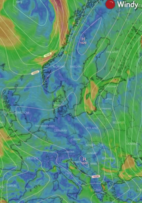 Väderkartbild från Europa som visar högtryck och vindmönster över kontinenten.