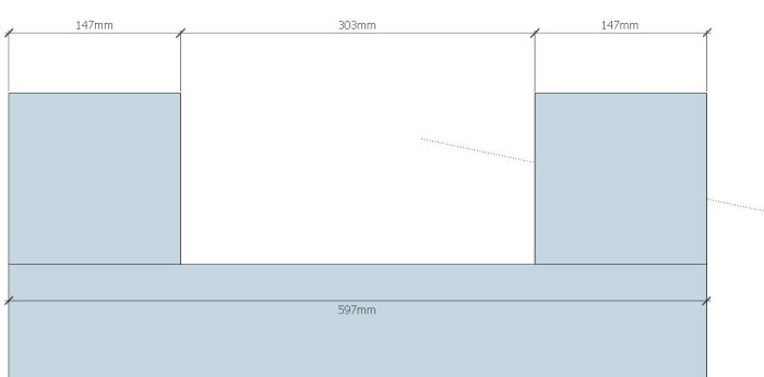 Schematisk bild som visar dimensioner för byggplattor med två yttre plattor och två mellanplattor indelade i 303 mm.