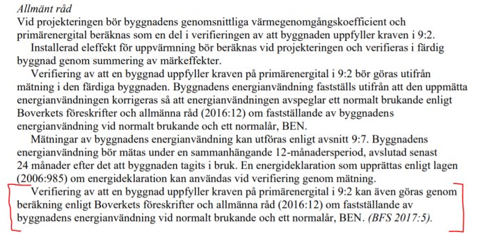 Utdrag ur Boverkets byggregler som diskuterar verifiering av byggnaders energianvändning enligt BBR och BEN, markerat stycke om beräkningsmetod.