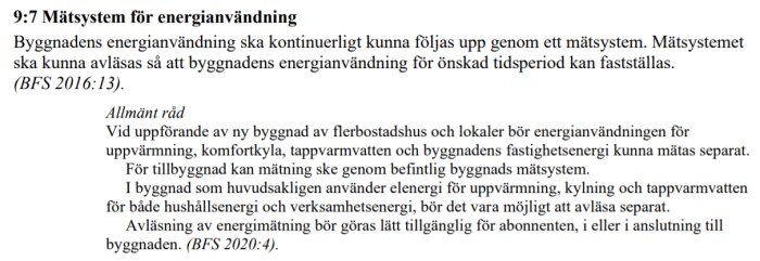 Skärmdump av Boverkets byggregler avsnitt 9:7 om mätsystem för energianvändning i byggnader från BBR BFS 2020:4.