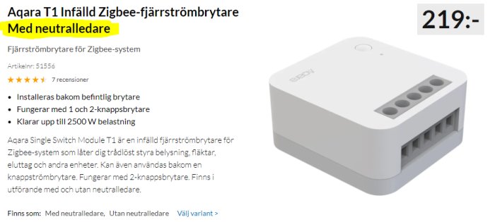 Aqara T1 Infälld Zigbee-fjärrströmbrytare med neutralledare och prisinformation.