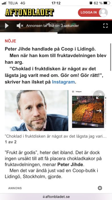 Skärmdump av en artikel med bild på Peter Jihde och kommentar om godis i fruktavdelningen.