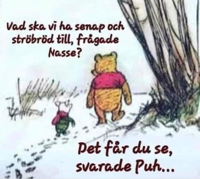 Illustration av Nalle Puh och Nasse som promenerar, text innefattar dialog om senap och ströbröd.