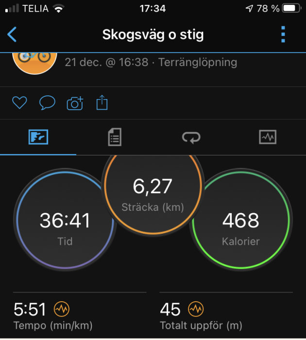 Skärmavbild av träningsapp som visar löpdistans på 6,27 km, tid 36:41, förbrukade kalorier 468 och tempo.