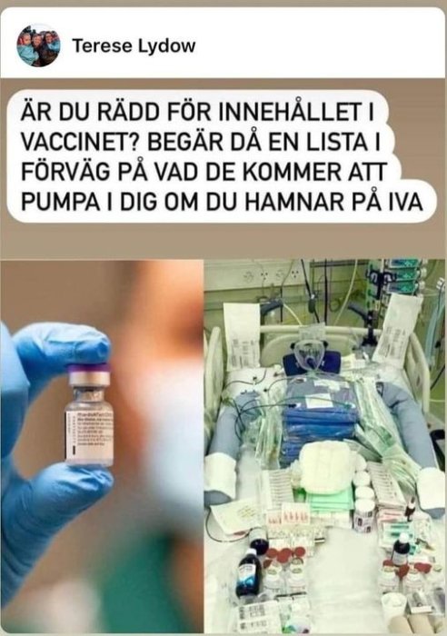 En skärmdump av en diskussionstråd med en bild av ett vaccinflask i förgrunden och en bild av en sjukhusintensivvårdssäng full med medicinsk utrustning och mediciner i bakgrunden.