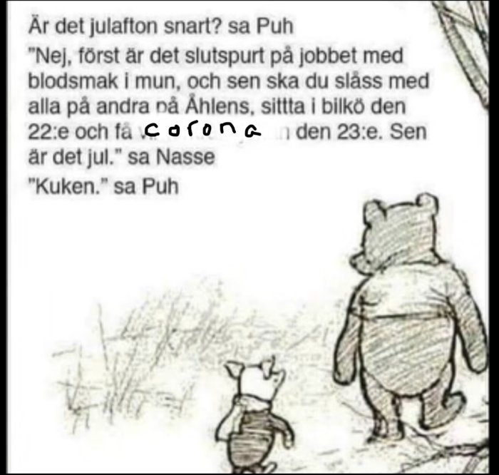 Illustration av Nalle Puh och Nasse som går, med en textkonversation om julstress och arbete.