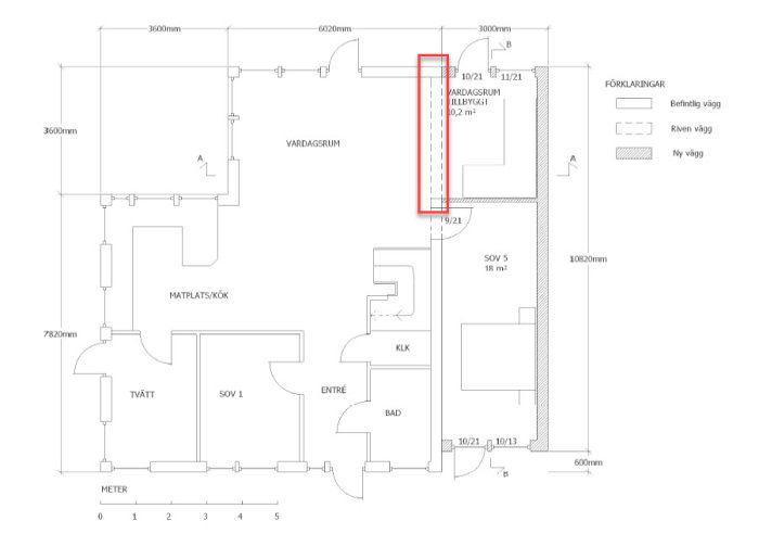 Ritning av husplan med markerat område för ny öppning på 3600mm i yttervägg.