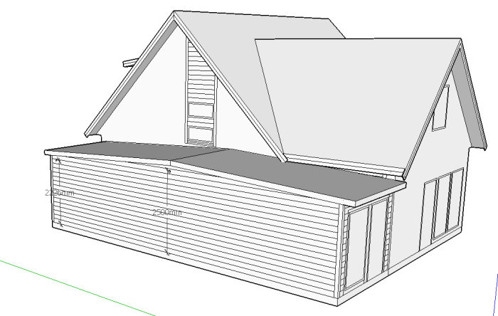 3D-ritning av en 1 ½-planshus med mått för planerad utbyggnad.