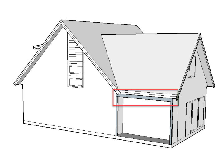 3D-ritning av ett hus visar planerad öppning med avväxling markerad i rött.