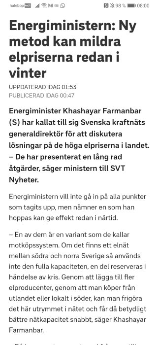 Skärmdump av en nyhetsartikel om energiministerns nya metod för att mildra elpriser.
