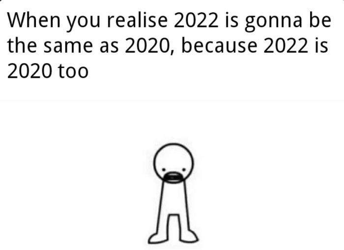 Illustration av ledsen figur med text om att 2022 kommer vara som 2020, lek med ord "2020 too".