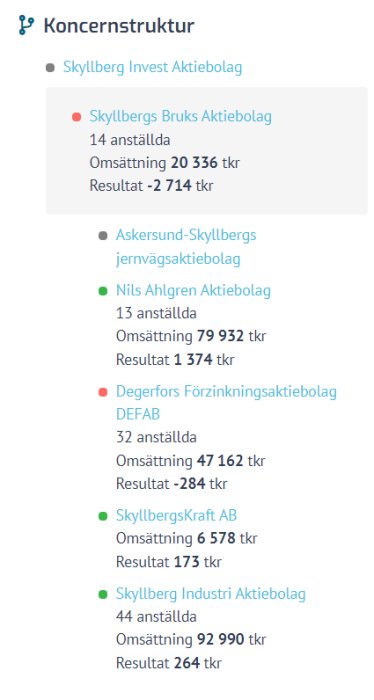 Skärmdump av koncernstruktur med företagsnamn, antal anställda, omsättning och resultat i tusentals kronor.