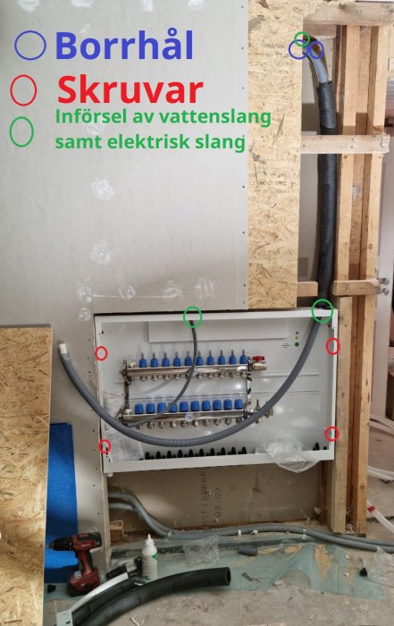 Installationsarbete med fördelarbox för golvvärme, borrade hål och insatta skruvar i en gipsvägg.