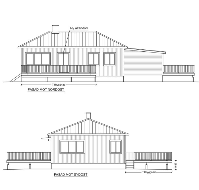 Arkitektritningar av en husfasad med ny altandörr och tillbyggnad av altan.