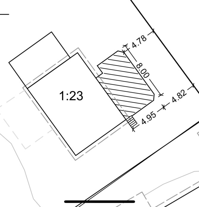 Ritning av en nyligen byggd altan på 38 kvm i anslutning till ett hus.