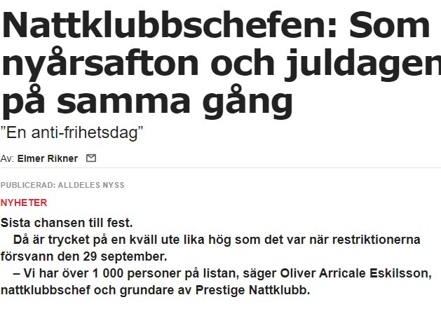 Skärmdump av en artikel med titeln "Nattklubbschefen: Som nyårsafton och juldagen på samma gång