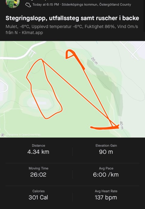 Skärmavbild av löprunda på kartapp som visar rutt och statistik: 4,34 km, höjdvinst 90 m, tid 26:02.