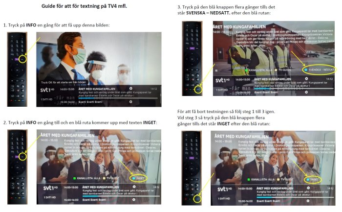 Guide visar steg-för-steg hur man aktiverar textning på en TV-skärm med fjärrkontrollens hjälp.