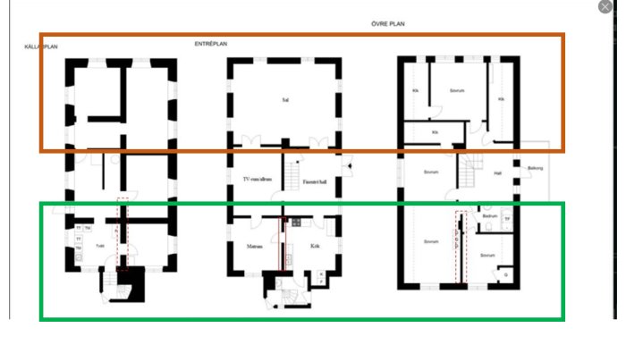 Planskisser av ett gammalt hus med markering av "Sal Sidan" i brunt och "Kök Sidan" i grönt, inkluderar detaljerad anteckning.