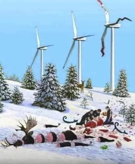 Illustration av en snöig scen med vindkraftverk och en sönderslagen tomtesläde olycka med renar och presenter utspridda.