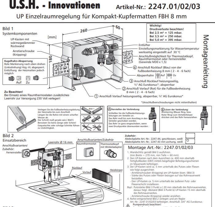 Schematisk illustration av ett tyskt vattenburet golvvärmesystem U.S.H.-Innovationen med beskrivningar och komponenter.