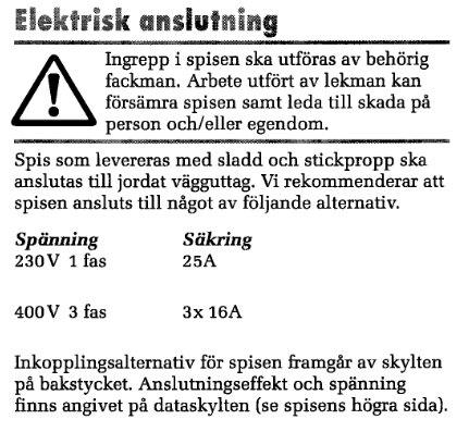 Instruktionsblad för elektrisk anslutning av spis med varningstext och tekniska specifikationer.