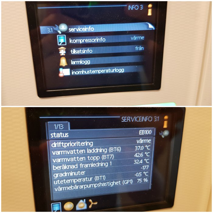 Digital skärm på värmepump som visar driftinformation och temperaturer.