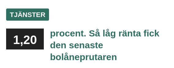 Skärmbild som visar bolåneräntan på 1,20 procent under rubriken TJÄNSTER, med texten "Så låg ränta fick den senaste bolåneprutaren".