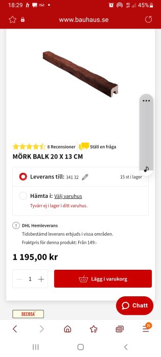 Mörk träbalk på en onlinebutiks produktsida.