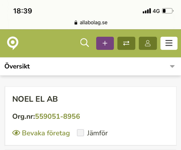 Skärmbild av elföretagets namn "NOEL EL AB" och organisationsnummer på en företagsinformationssida.