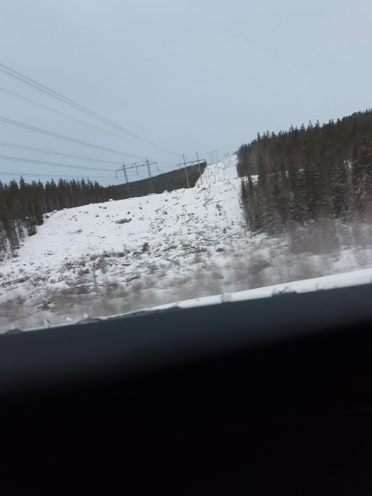 Vintervy med snötäckt landskap och elledningar i norrländsk skog.