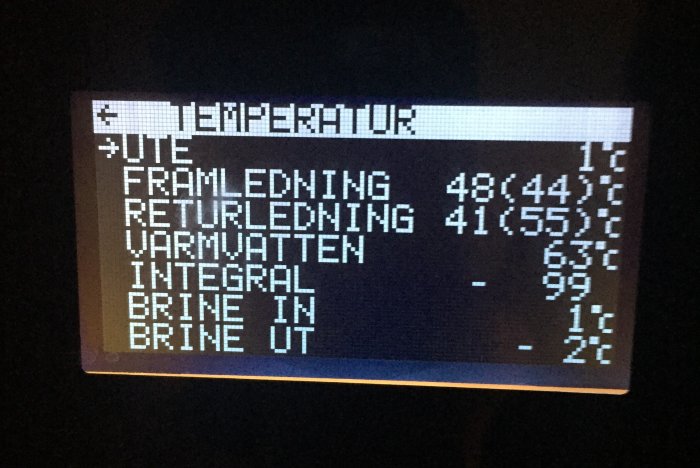 Display för värmepump med temperaturer och statusindikatorer, t.ex. 'Integral -99'.