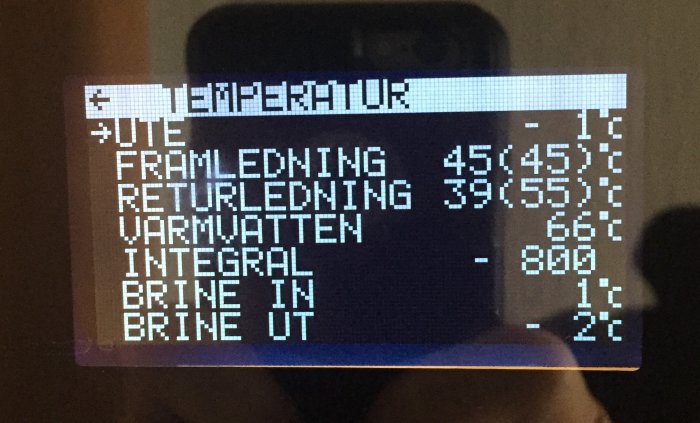 Digital display showing temperatures with "Ute," "Framledning," "Retur," "Varmvatten," "Integral," "Brine in" and "Brine ut" readings.