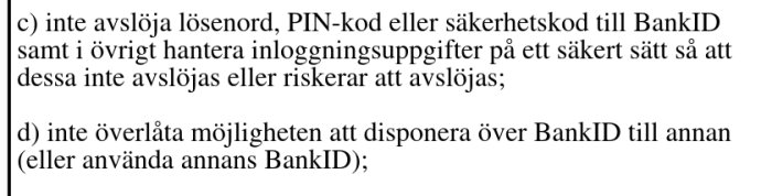 Utdrag från Nordeas BankID-villkor som förklarar regler om att inte dela lösenord eller överlåta BankID.