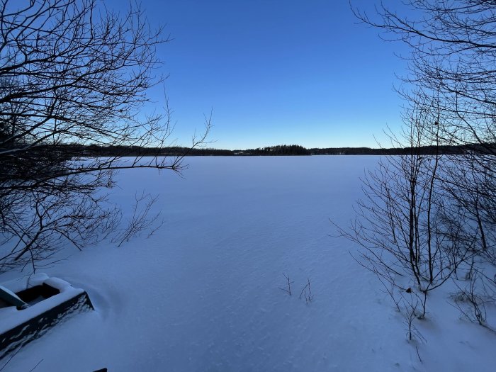 Snötäckt sjö nära Korsberga, Småland, med trädgrenar i förgrunden under skymning.