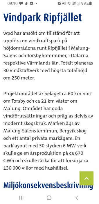 Skärmdump av en artikel om planerad vindpark på Ripfjället med text om projektområdet och energiproduktion.