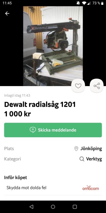 Dewalt radiälsåg modell 1201 till salu, visad utomhus framför en bil och byggnad.