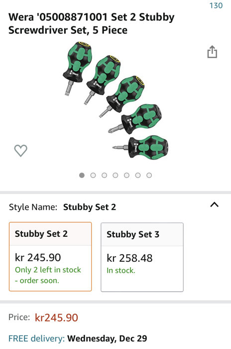 Wera stubby skruvmejselsats med 5 delar i grönt kamouflagemönster, visad på en produktsida.