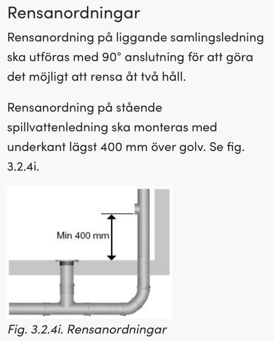 Schematisk bild av rensanordning för spillvattenledning med angivning av minsta avstånd på 400 mm över golv.