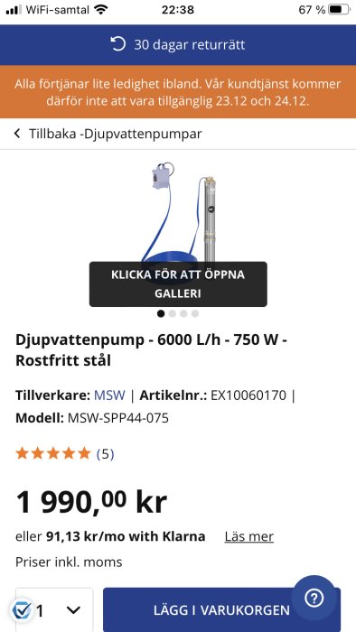 Skärmavbild av en djupvattenpump i rostfritt stål, 6000 L/h - 750 W, från MSW, prissatt till 1 990,00 kr.