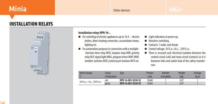 Specifikationsblad för OEZ Minia installationsrelä RPR-16 med tekniska detaljer som spänning och kontaktfunktioner.