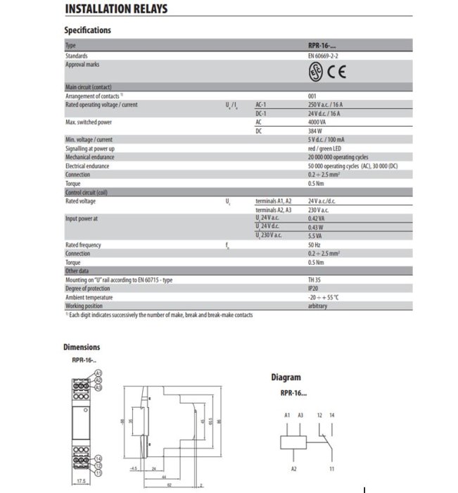 Specifikationsdokument för rysktillverkat installationsrelä med tekniska detaljer och diagram.