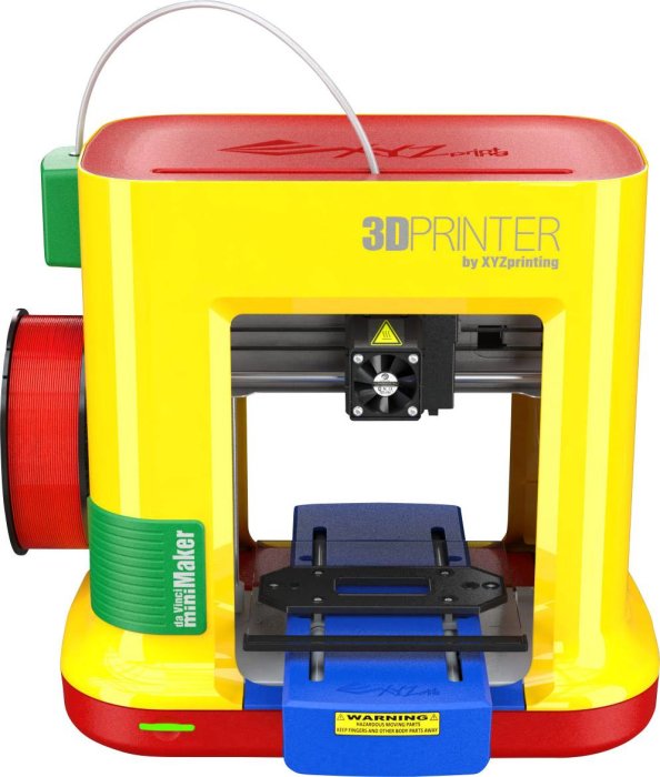 Färgglad XYZprinting da Vinci Minimaker 3D-skrivare med röd och grön filamentrulle.