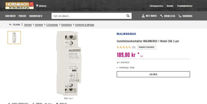 Webbsida som visar en Malmbergs installationskontaktor 1 Modul 20A 2-pol på Hornbach med prisinformation.